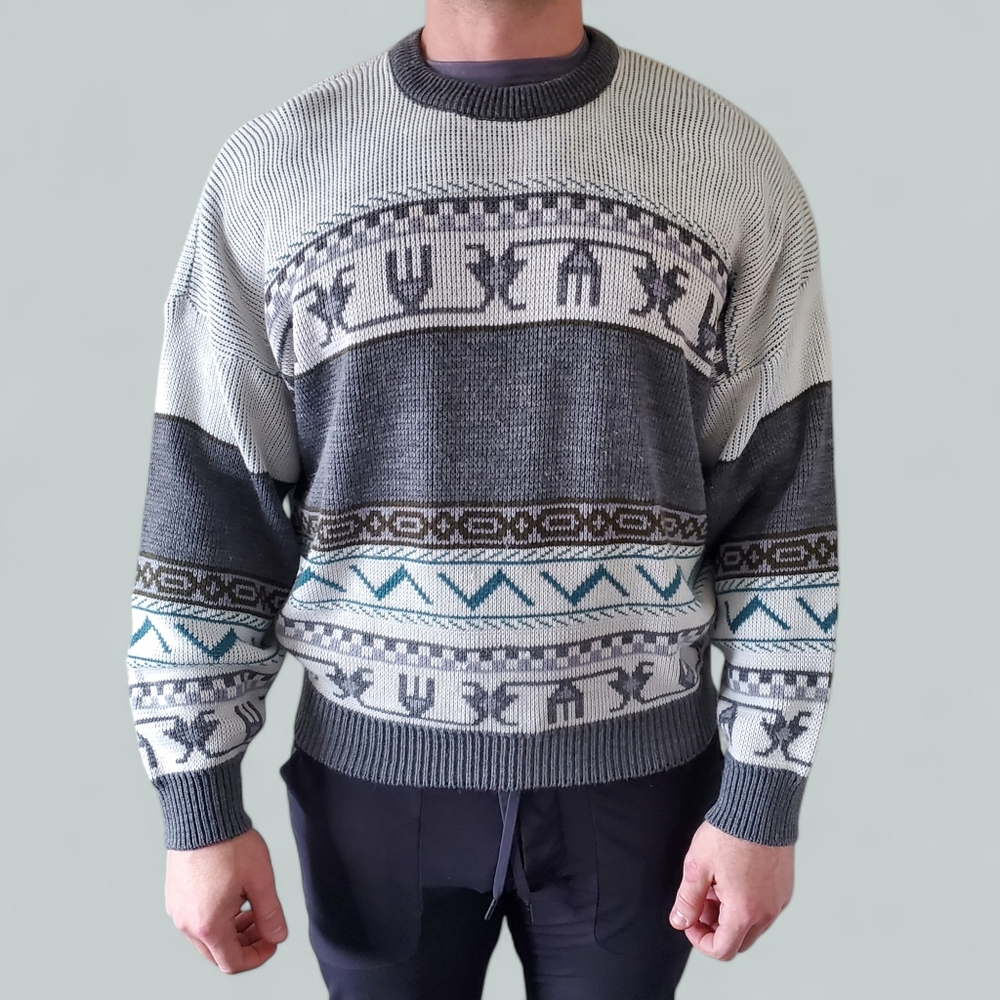 Tip Top XL 90s Aztec Eclectic Grandpa Cabincore Oversized Knit Sweater - Picture 3 of 12